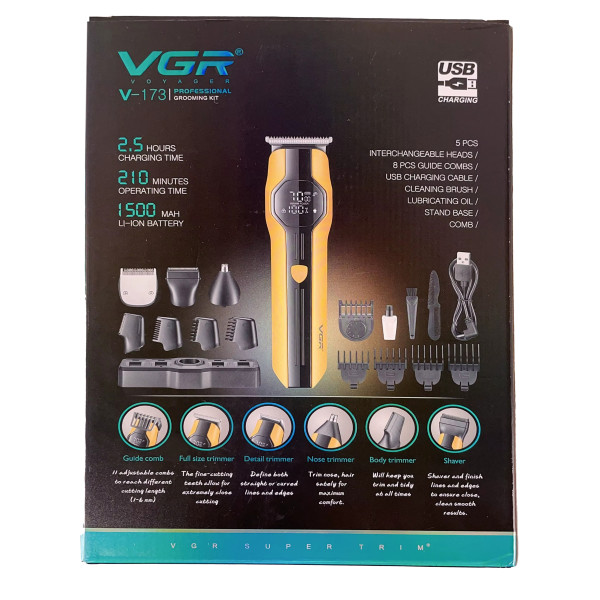 Набор для стрижки VGR 13 в 1 V-173 YELLOW, 13 насадок, LED display