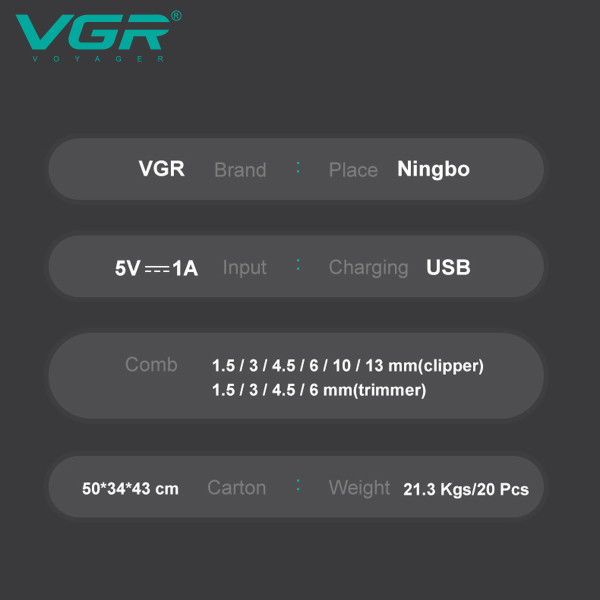 Комплект VGR 2 в 1 V-600&900 BLACK, аккумуляторная машинка для стрижки (clipper) и триммер, 10 насадок, LED display, 7000 RPM