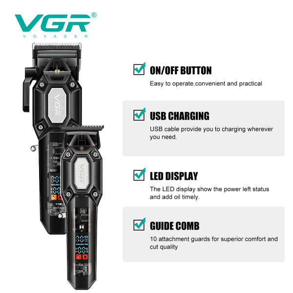 Комплект VGR 2 в 1 V-600&900 BLACK, аккумуляторная машинка для стрижки (clipper) и триммер, 10 насадок, LED display, 7000 RPM