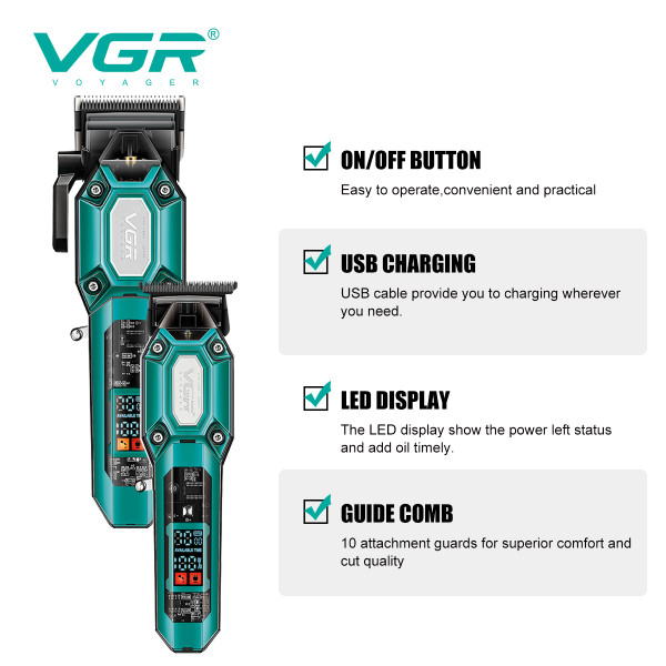 Комплект VGR 2 в 1 V-600&900 GREEN, аккумуляторная машинка для стрижки (clipper) и триммер, 10 насадок, LED display, 7000 RPM