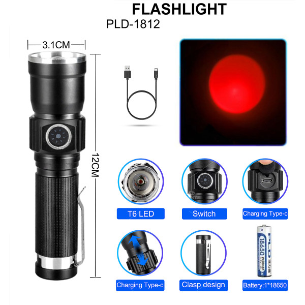 Ліхтар PLD-1812-T6 Red 1x18650 Індикація Заряду ЗУ Type-C Zoom Box Ліхтар PLD-1812-T6 Red 1x18650 Індикація Заряду ЗУ Type-C Zoom Box