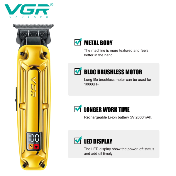 Акумуляторна Машинка Для Стрижки VGR V-904 GOLD 4 Насадки 2000 mAh LED Display Акумуляторна Машинка Для Стрижки VGR V-904 GOLD 4 Насадки 2000 mAh LED Display