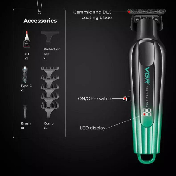Триммер VGR V-935 GREEN, 5 насадок, 7000 RPM, LED display