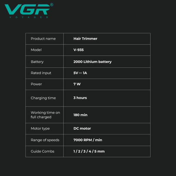 Триммер VGR V-935 GREEN, 5 насадок, 7000 RPM, LED display