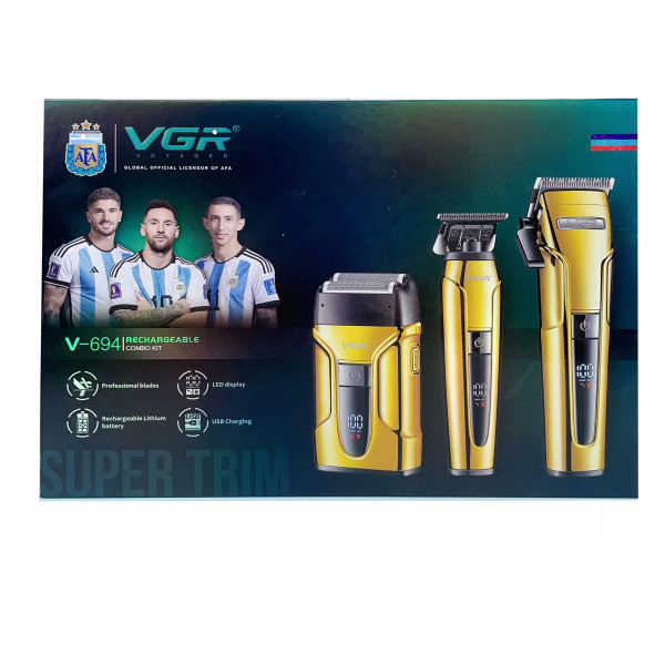 Комплект VGR 3 в 1 V-694 GOLD Акумуляторна Машинка Для Стрижки Clipper Тример і Електробритва Шейвер Комплект VGR 3 в 1 V-694 GOLD Акумуляторна Машинка Для Стрижки Clipper Тример і Електробритва Шейвер