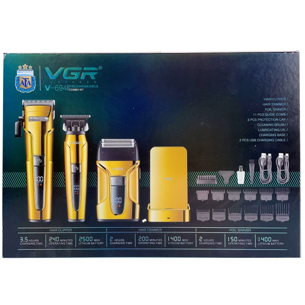Комплект VGR 3 в 1 V-694 GOLD Акумуляторна Машинка Для Стрижки Clipper Тример і Електробритва Шейвер Комплект VGR 3 в 1 V-694 GOLD Акумуляторна Машинка Для Стрижки Clipper Тример і Електробритва Шейвер