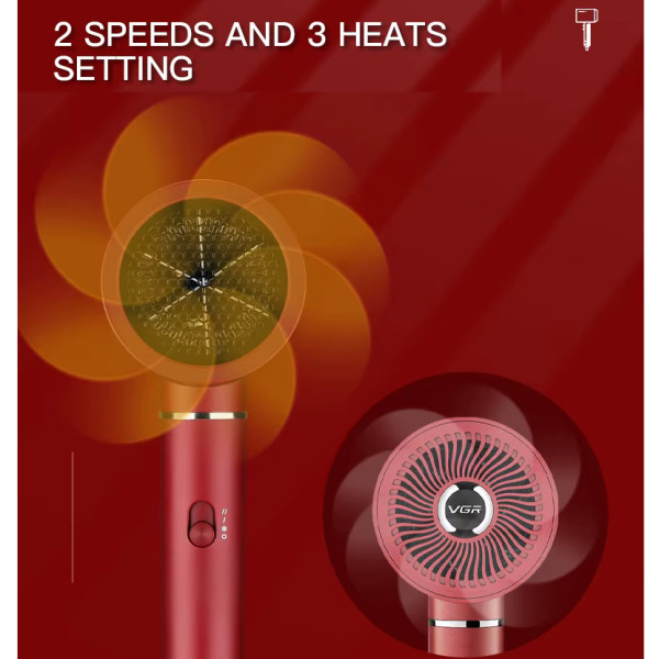 Фен профессиональный VGR V-431 RED, 2 уровня обдува, 2 уровня температуры, насадка-концентратор
