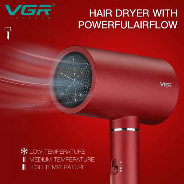 Фен профессиональный VGR V-431 RED, 2 уровня обдува, 2 уровня температуры, насадка-концентратор