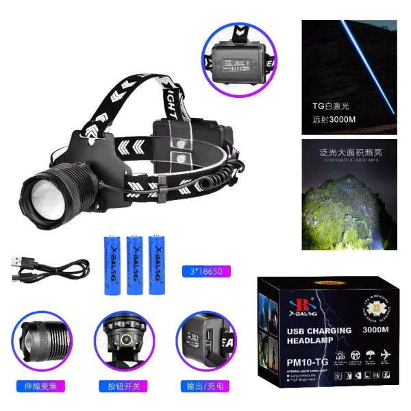 Ліхтар налобний BL-A760-TG, 3x18650, Power Bank, ЗУ Type-C, zoom, Box
