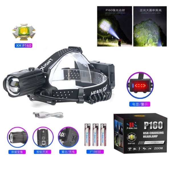 Фонарь налобный BL-T35-P160, 3x18650, Power Bank, ЗУ Type-C, zoom, Box