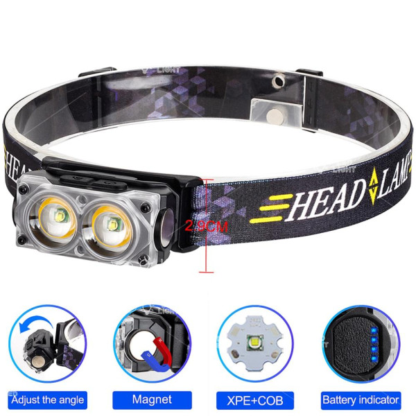 Ліхтар Налобний YY-19F-2XPE White + 2COB Yellow Li-Ion Акумулятор ЗП Type-C Магніт Box