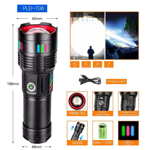 Ліхтар NIGHT VISION FLUORESCENCE 708 WHITE LASER LED PM30-TG, Power Bank, 1x38650, ЗУ Type-C, zoom, Box