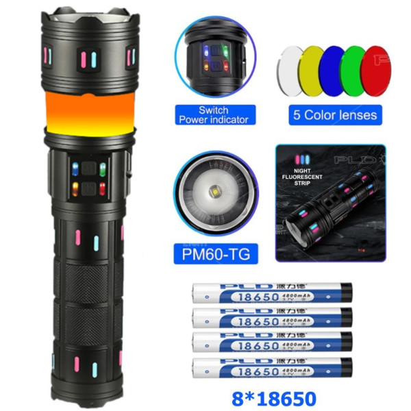 Ліхтар NIGHT VISION FLUORESCENCE AK178-WHITE LASER LED PM60-TG+COB 8x18650 3.7V Power Bank ЗУ Type-C Zoom 5 Фільтрів