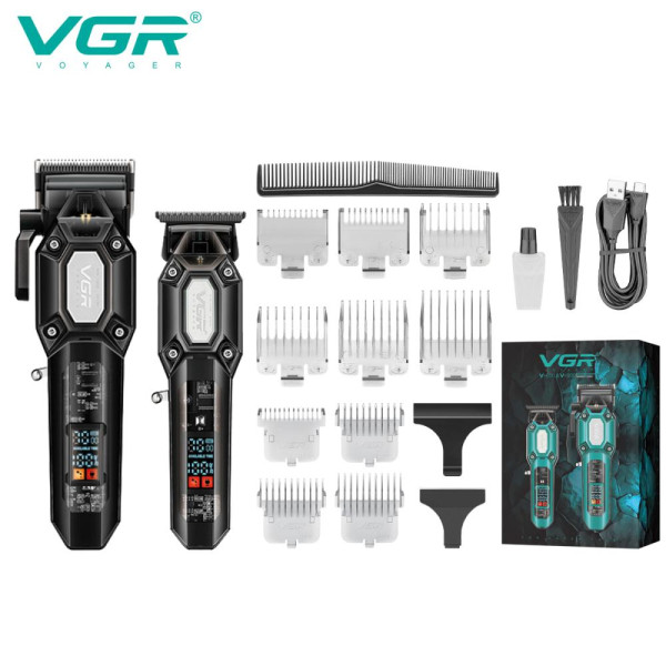 Комплект VGR 2 в 1 V-600&900 BLACK, аккумуляторная машинка для стрижки (clipper) и триммер, 10 насадок, LED display, 7000 RPM