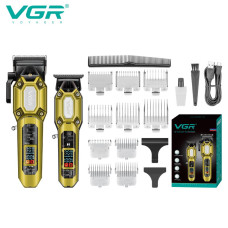 Комплект VGR 2 в 1 V-600&900 GOLD, аккумуляторная машинка для стрижки (clipper) и триммер, 10 насадок, LED display, 7000 RPM