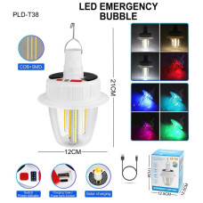 Світлодіодна LED лампа з акумулятором T38-COB+SMD(RGB), 2x18650, сонячна батарея, гачок, ЗУ Type-C