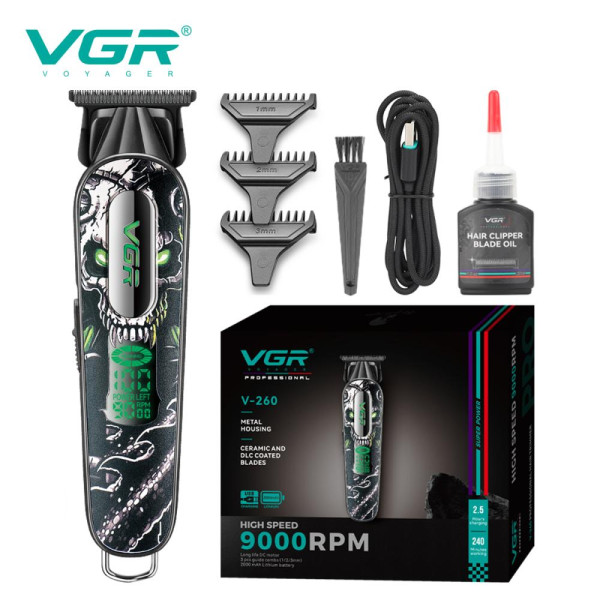 Триммер V-260 GREEN, 3 насадки, 2000mAh, 9000 RPM, LED display