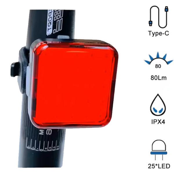 Велосипедна Стоп Мигалка Задня Baisk LED-USB C-Type MY-2107 Квадратна Червоне Світло